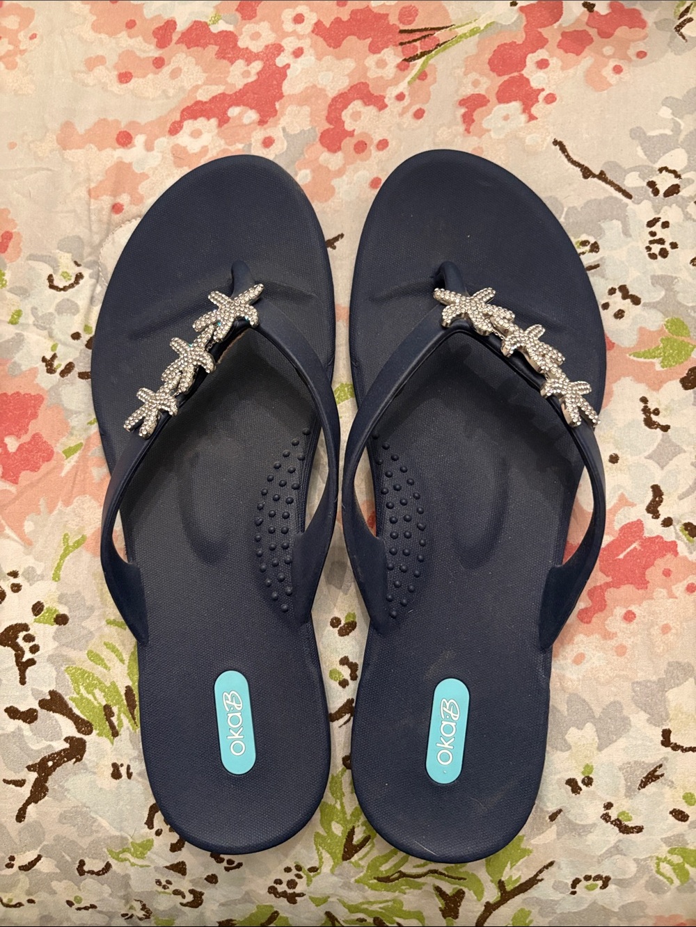 OKA b. Navy Thong Sandals with Rhinestone Starfish Trim